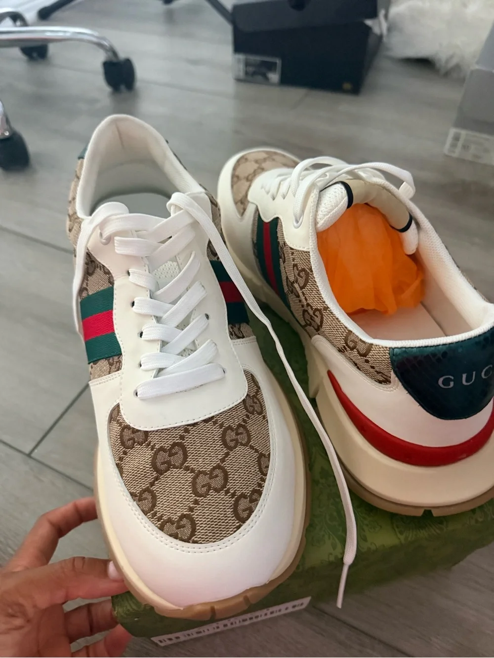 Gucci White Leather & GG Canvas Sneaker with Green-Red-Green Stripe